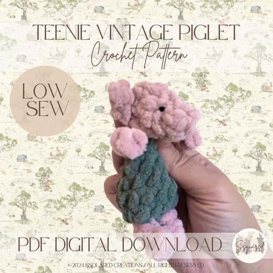 Teenie Vintage Piglet Pig Crocheted Snuggler Pattern | Amigurumi Low Sew Crochet Pattern | Crochet Pattern Piglet