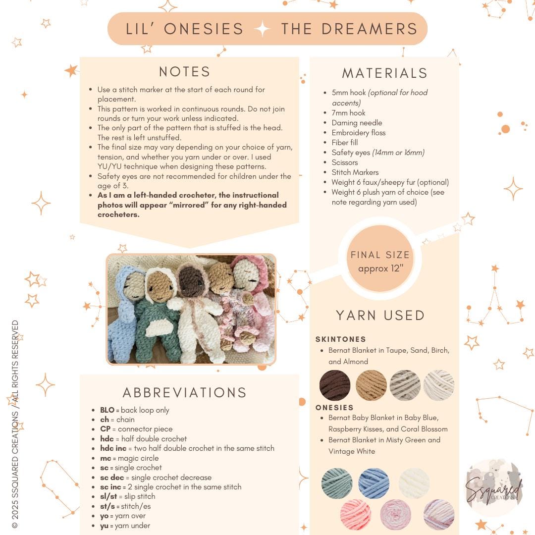 Lil' Onesies Doll Crochet Pattern | No Sew Amigurumi Doll Crochet Pattern | Doll Crocheted Plush Yarn for Intermediate Crocheters