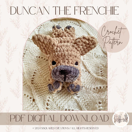 Duncan Frenchie Crochet Dog Snuggler Pattern | Low Sew Amigurumi French Bulldog Crochet Pattern | Crocheted Frenchie Dog Pattern