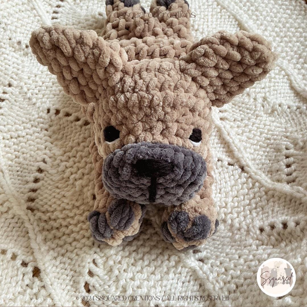 Duncan Frenchie Crochet Dog Snuggler Pattern | Low Sew Amigurumi French Bulldog Crochet Pattern | Crocheted Frenchie Dog Pattern