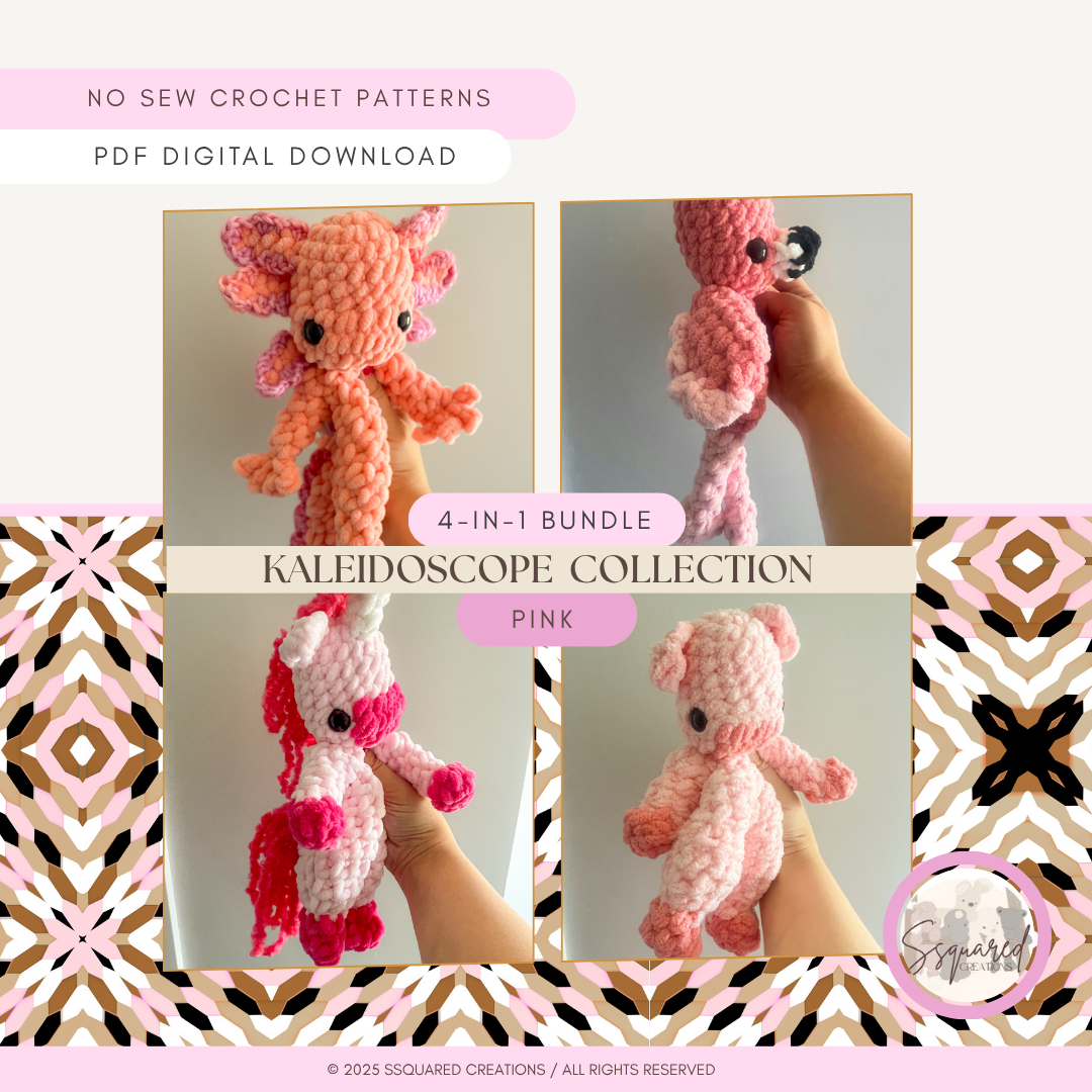 4-in-1 Flamingo Pig Pony Unicorn Axolotl Crochet Snuggler Pattern Bundle | No sew / low sew crochet pattern amigurumi (Copy)