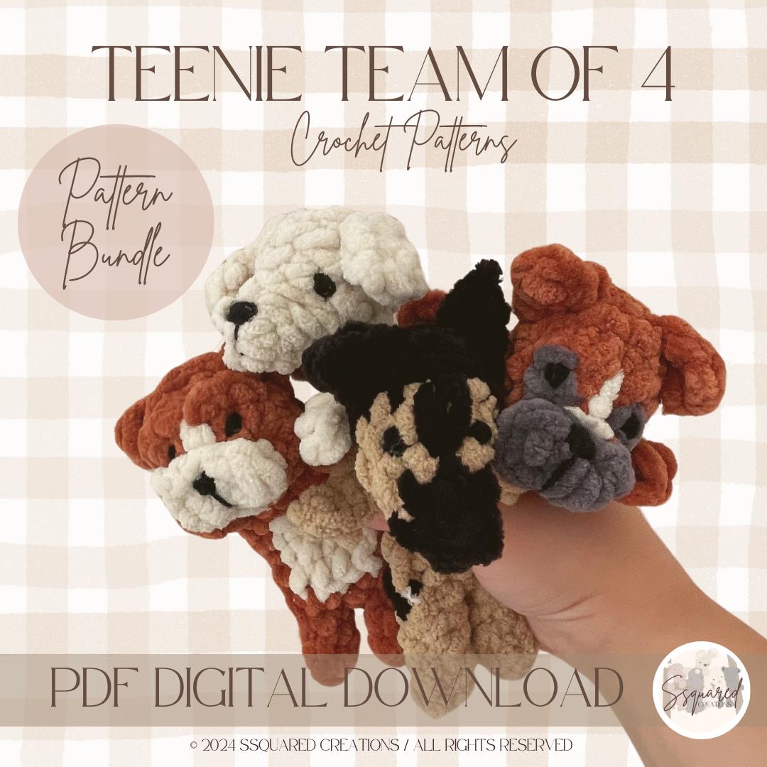 TEENIE TEAM OF 4 - Crochet Snuggler Pattern Bundle (includes Boxer, Bulldog, German Shepherd, and Labrador)