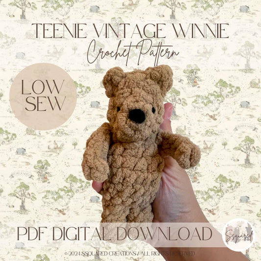 Teenie Vintage Winnie Bear Crochet Snuggler Pattern | Bear Crochet Pattern Small Amigurumi Low Sew Crocheted