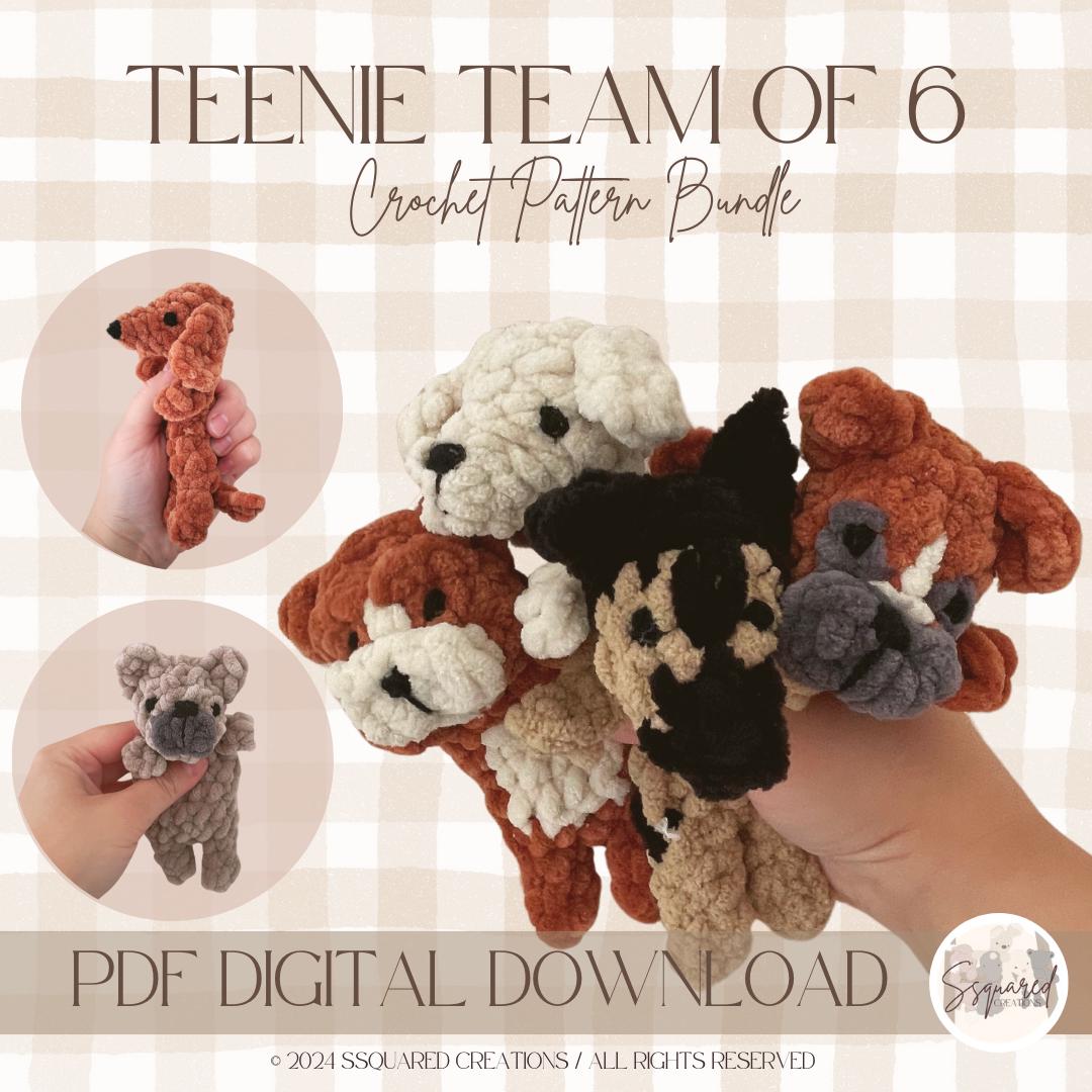 TEENIE TEAM OF 6 - Crochet Snuggler Pattern Bundle (includes Boxer, Bulldog, German Shepherd, Labrador, Weenie, and Frenchie)